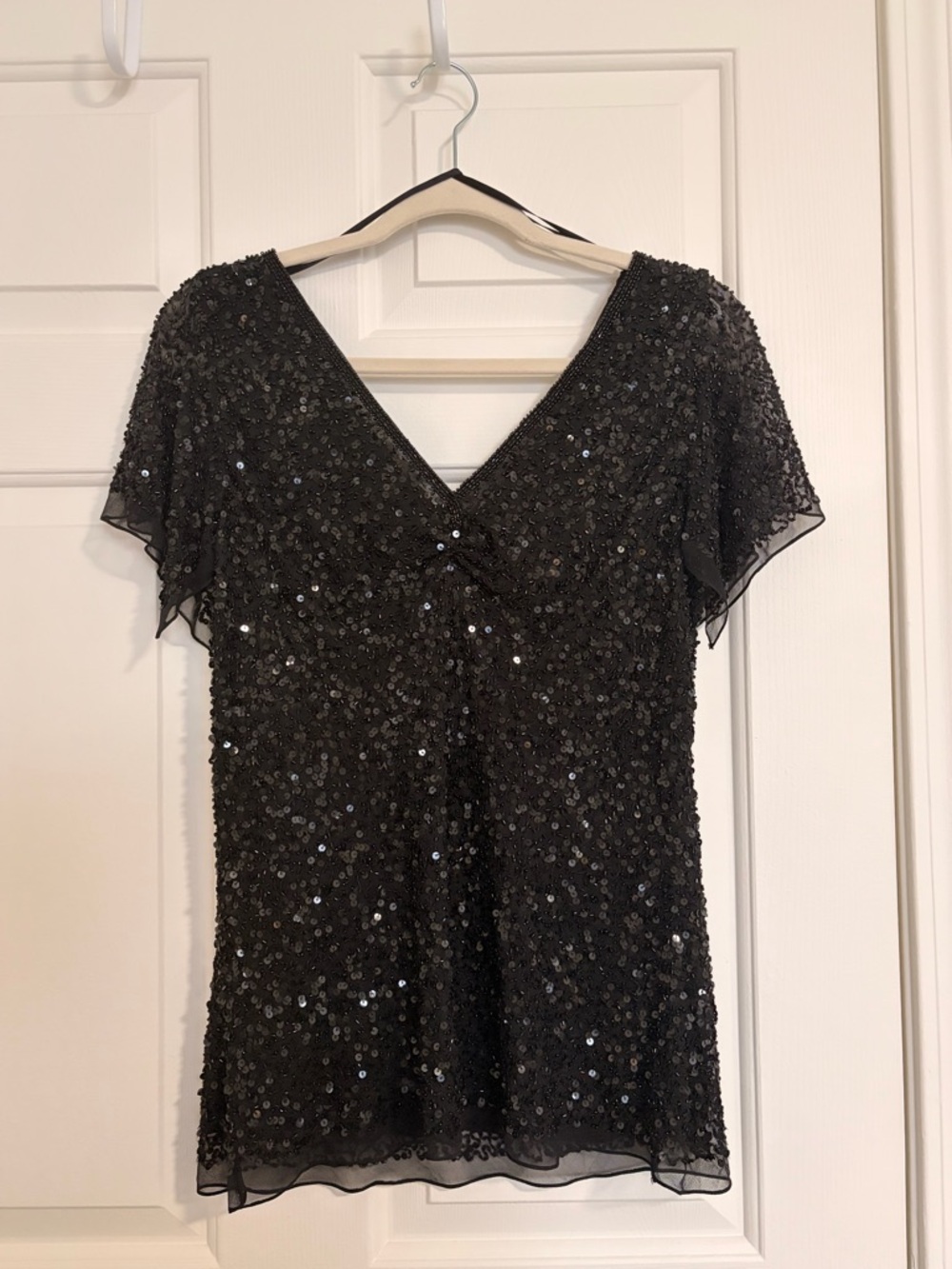 Black Sequin V-Neck Top